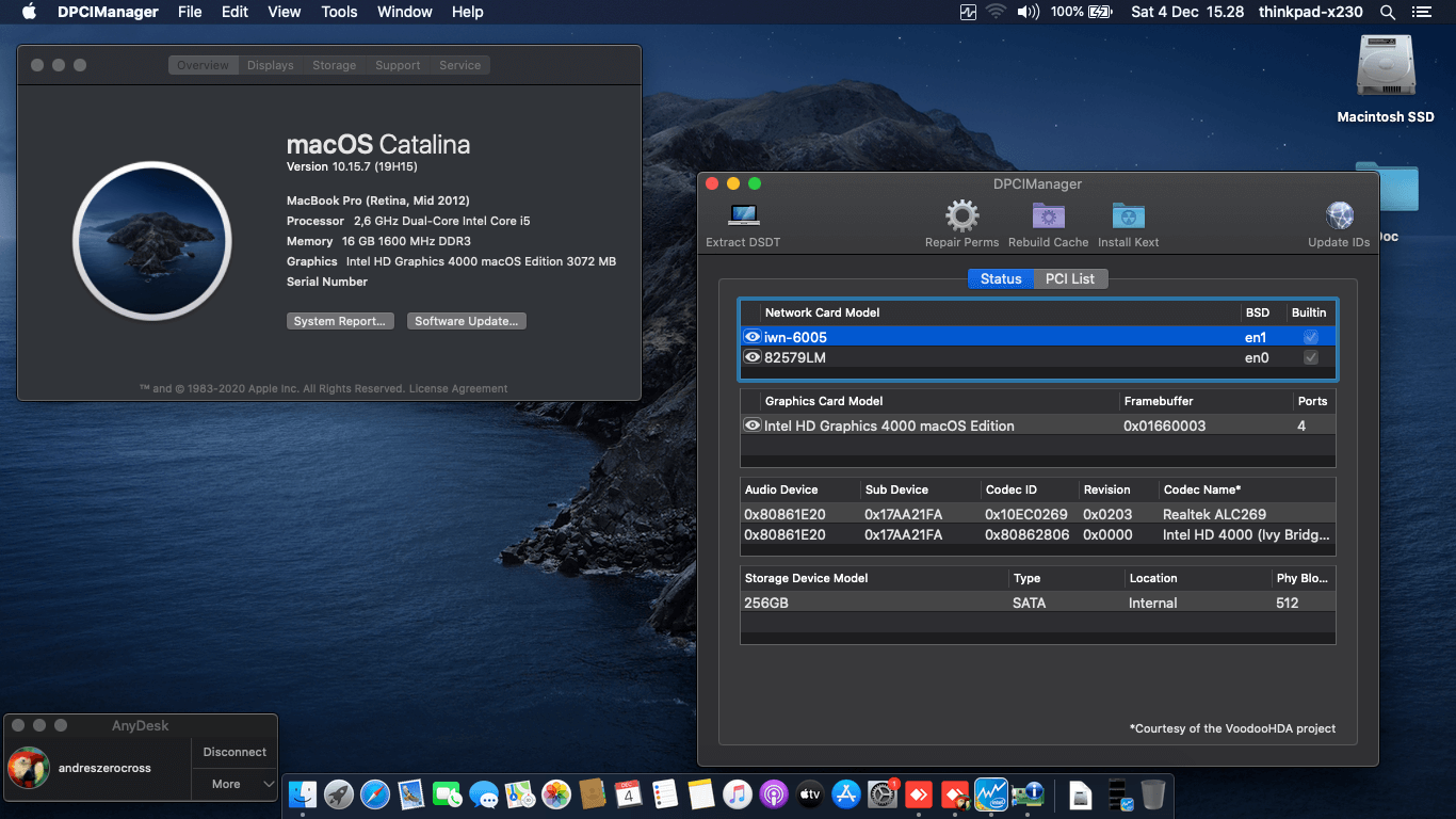 Success Hackintosh macOS Catalina 10.15.7 Build 19H15 in Lenovo Thinkpad X230